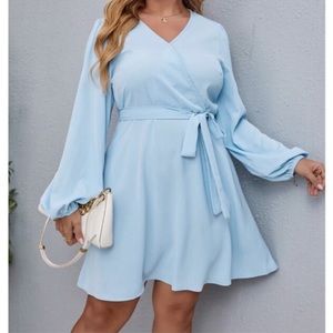 Plus Blue Lantern Sleeve Ruffle Mini Dress
